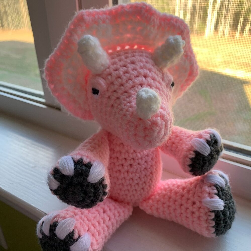 Peony The Pink Triceratops Crochet Plushie Dinosaur Toy| 7" Sitting Plush